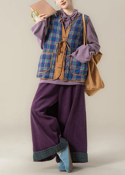 Loose Blue Plaid Lace Up Cotton Filled Waistcoat and Purple Wide Leg Pants Three Pieces Set Sleeveless