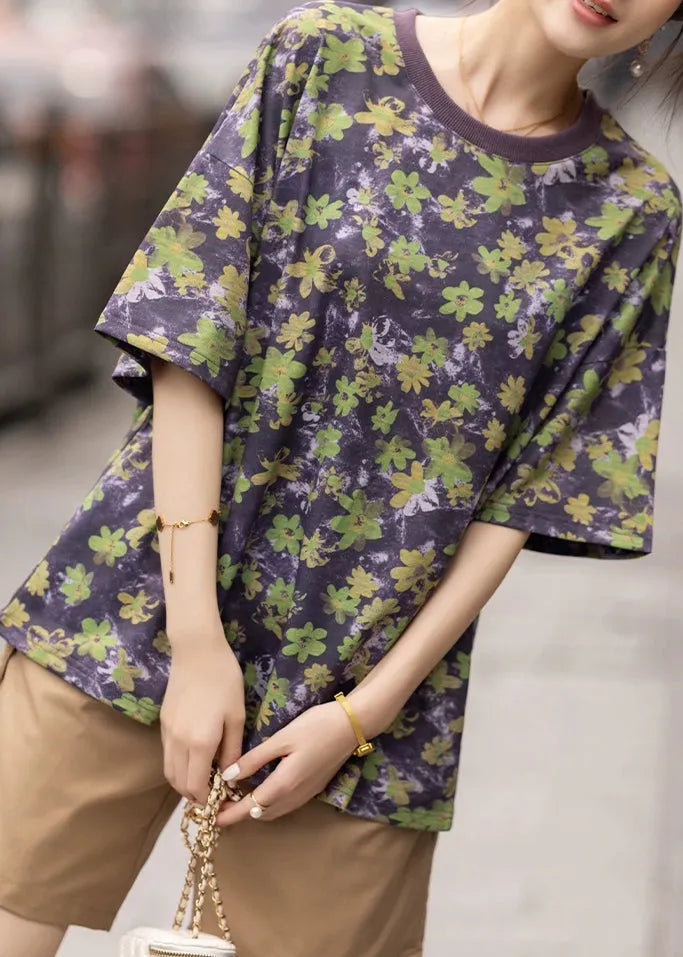 Loose Purple O Neck Print Cotton T Shirt Summer