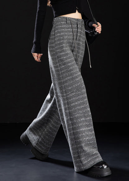 Grey Pockets Striped Woolen Wide Leg Pants Spring