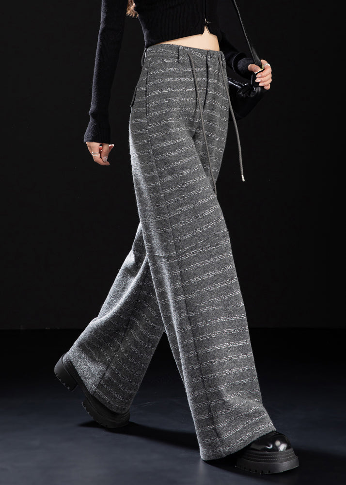 Grey Pockets Striped Woolen Wide Leg Pants Spring