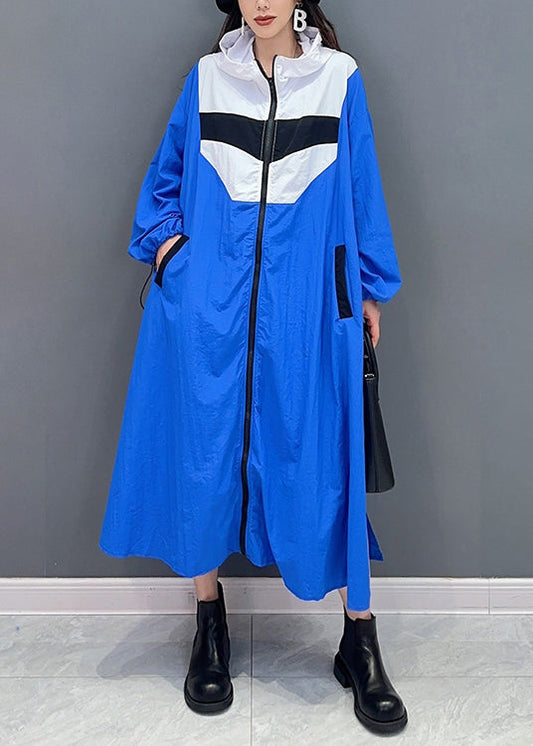 Blue Hooded Pockets Patchwork Long Coat Fall