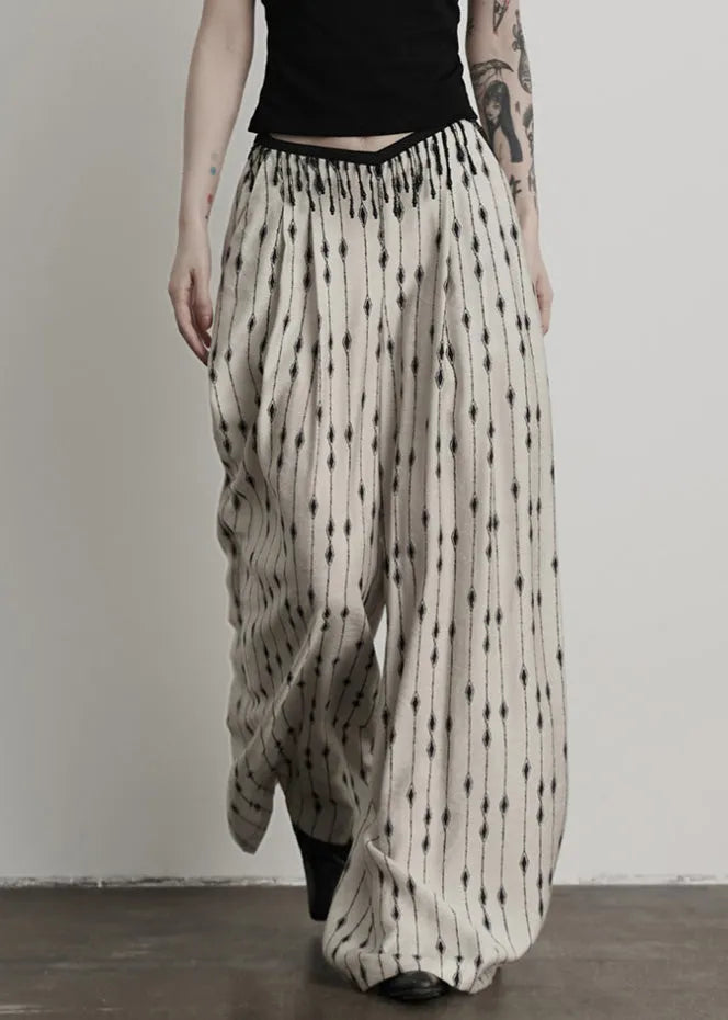 Original Design White Print Pockets Patchwork Thin Cotton Pants Summer