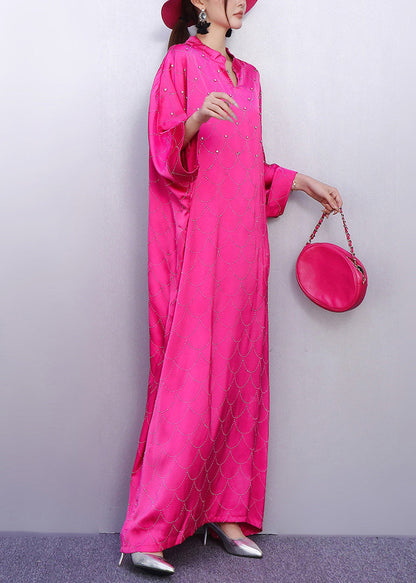Rose Print Rhinestone Silk Vacation Dresses Batwing Sleeve