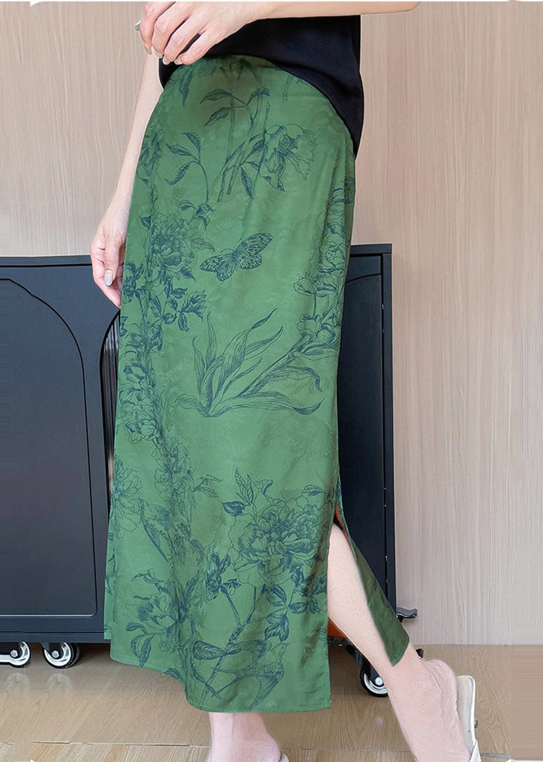 Green Side Open Draping Silk a Line Skirt Summer