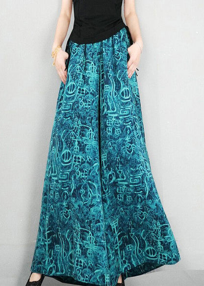 New Blue Print Oversized Elastic Waist Cotton Wide Leg Pants Summer