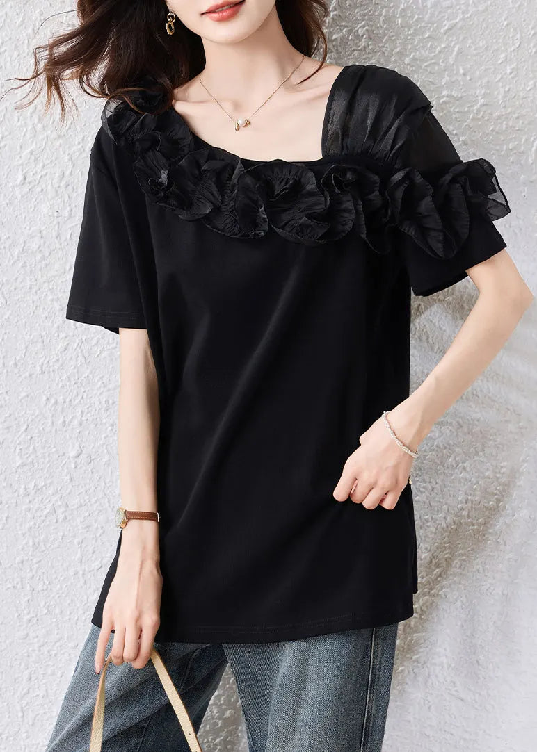 French Black Asymmetrical Patchwork Ruffles Blouse Top Summer