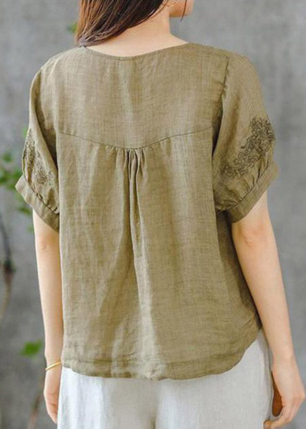 Grass Green O-neck Embroideried Ruffled Linen Tops Short Sleeve