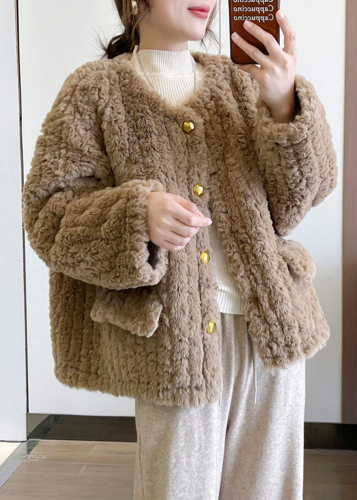 Khaki Thick Faux Fur Teddy Coat Winter