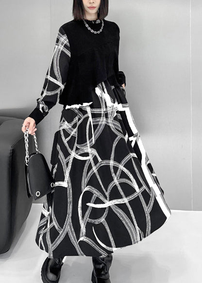 Black False Two Pieces Patchwork Cotton Dresses Fall
