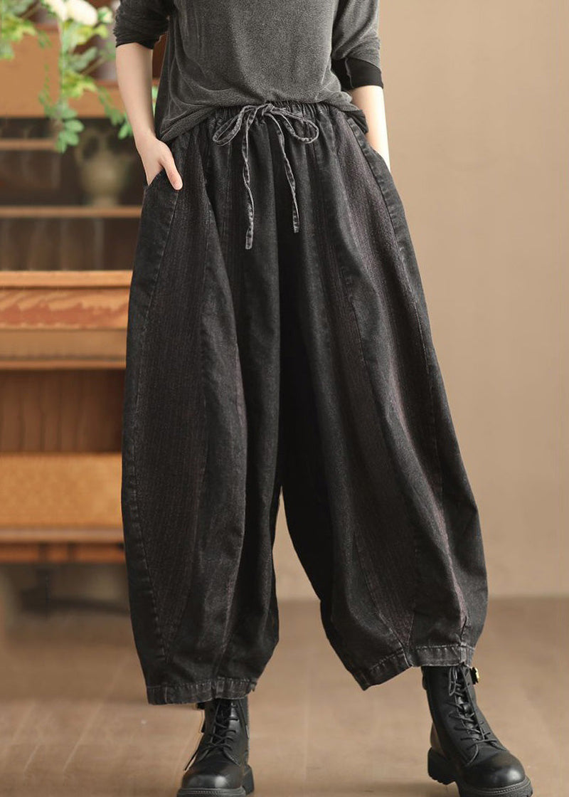 Black Pockets Lace Up Patchwork Harem Pants High Waist Fall