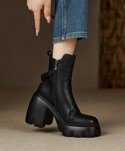 Black Zippered Splicing Cowhide Leather Chunky Heel Boots