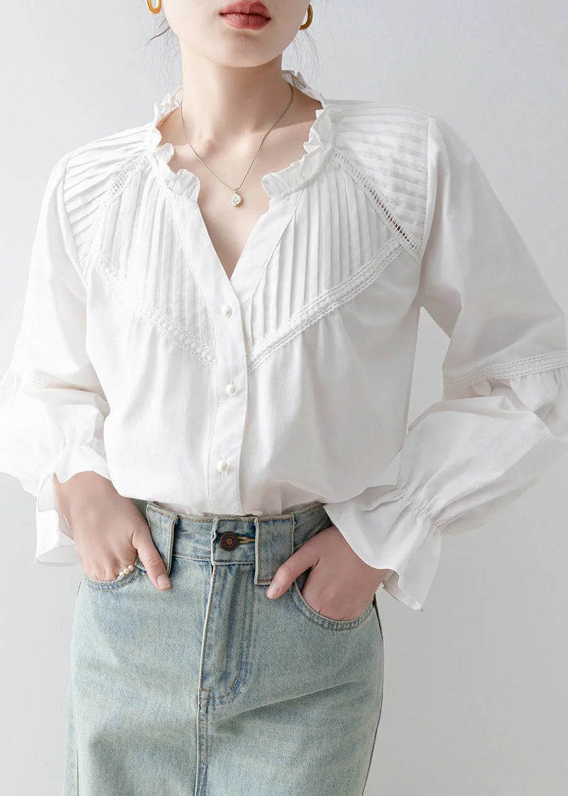 Stylish White V Neck Wrinkled Cotton Shirt Top Spring
