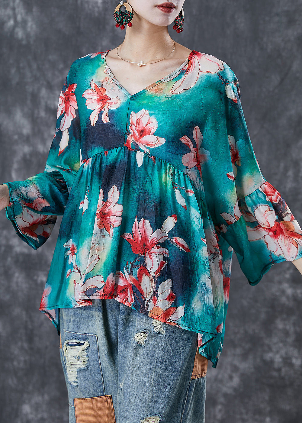 Modern Green Oversized Print Cotton Tops Fall