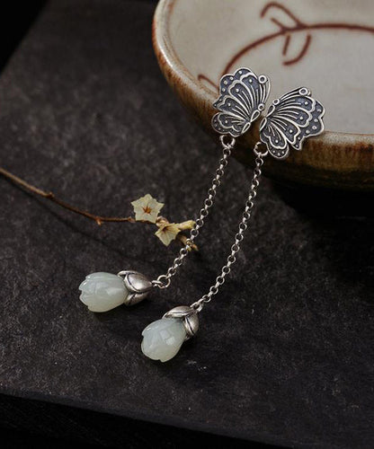Sterling Silver Inlaid Jade Butterfly Drop Earrings
