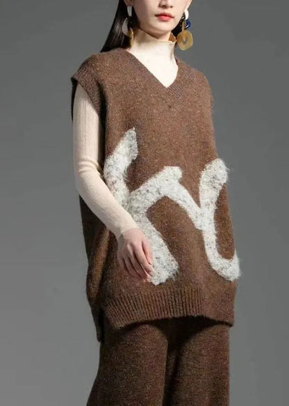 Fine Coffee V Neck Print Knit Vest Sleeveless