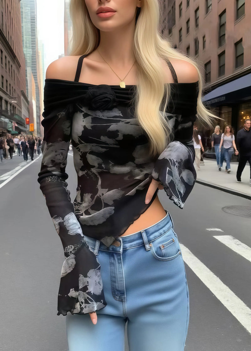 Black Print Flower Decorated Cold Shoulder Tops Summer