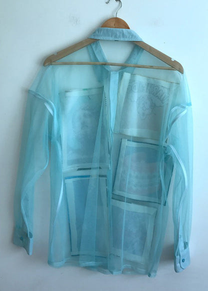 New Light Blue Button Print Tulle Shirt Long Sleeve