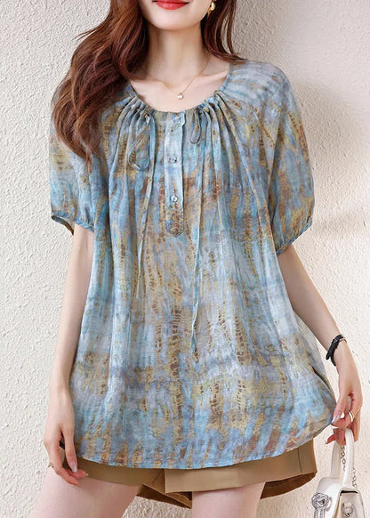 Blue Print Drawstring Cotton Tops Summer