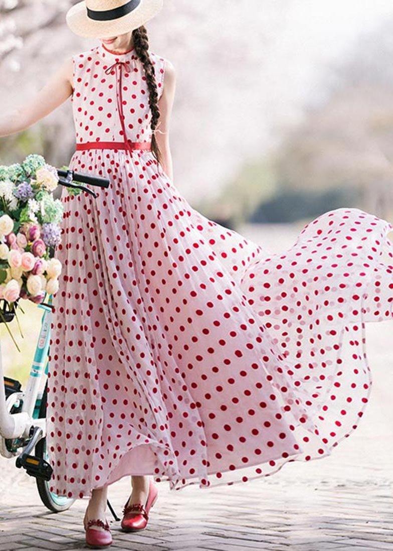 Red Dot Stand Sleeveless Long Summer Chiffon Dress
