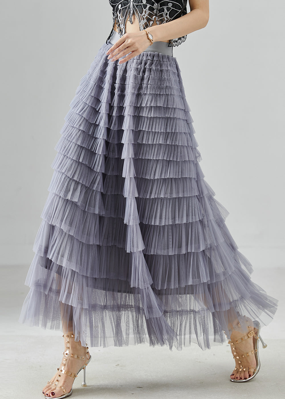 Grey Elastic Waist Layered Tulle Skirts Summer