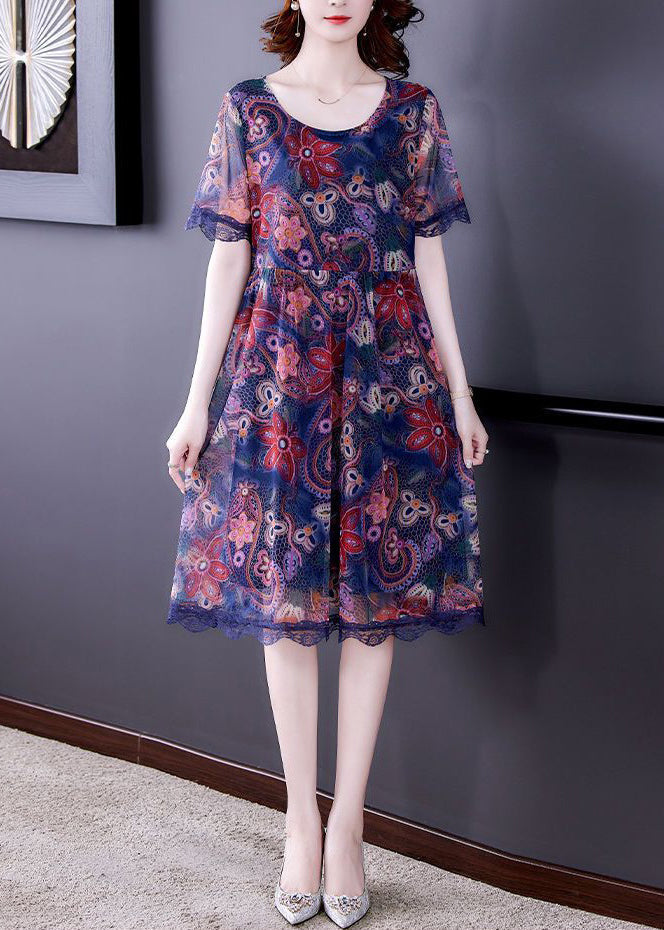 Blue O Neck Print Patchwork Tulle Dresses Summer