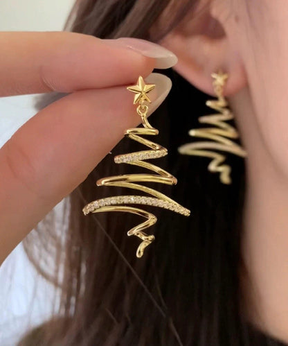 Unique Gold Copper Overgild Zircon Christmas Tree Asymmetrical Line Hoop Earrings
