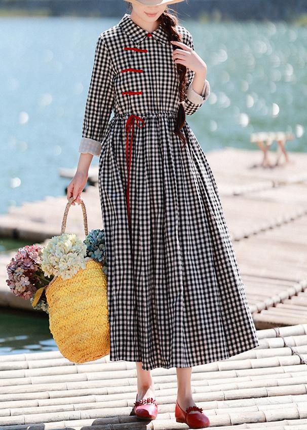 Diy Lapel Drawstring Spring Clothes Photography Black Plaid Dresses
