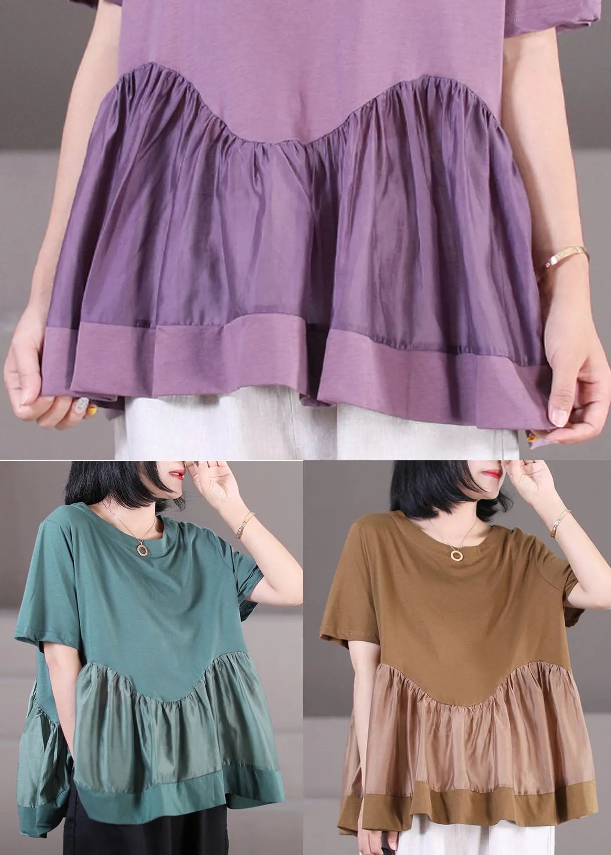 Green O-neck Patchwork Cotton Tank Tops Short Sleeve