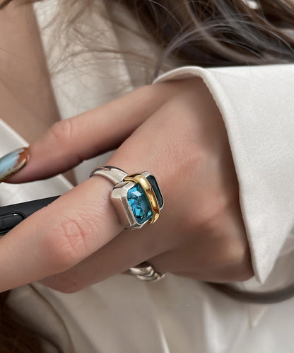 Blue Sterling Silver Square Gem Stone and Wrinkled Two Piece Set Rings