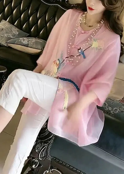 Fine Pink O-neck Embroideried Button Silk Shirt Summer