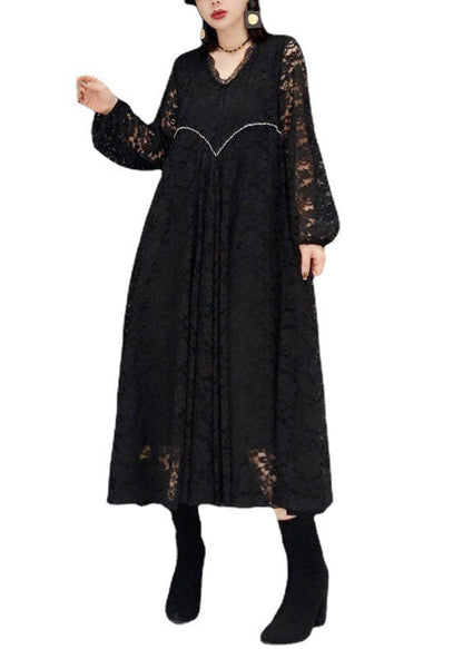 Black V Neck Hollow Out Lace Dresses Spring