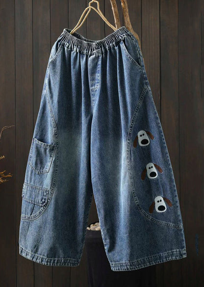 Blue Elastic Waist Pockets Print Crop Jeans