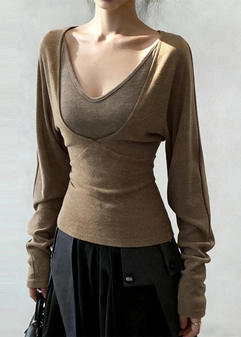Khaki V Neck Patchwork Cotton Shirt Tops Spring
