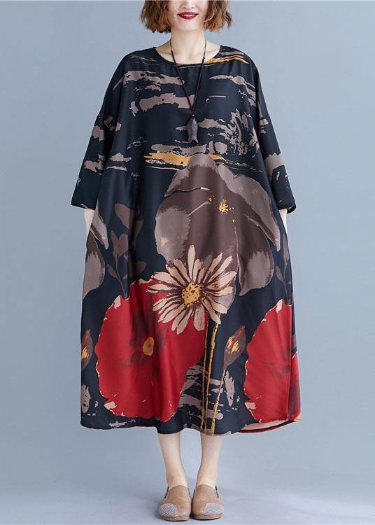 French Navy O-neck Print Summer Loose Dresses Half Sleeve
