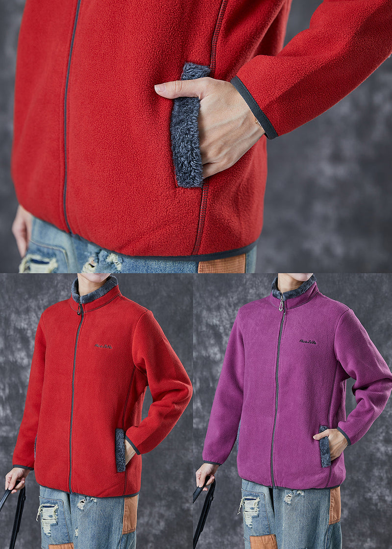 Simple Red Embroideried Warm Fleece Coat Winter