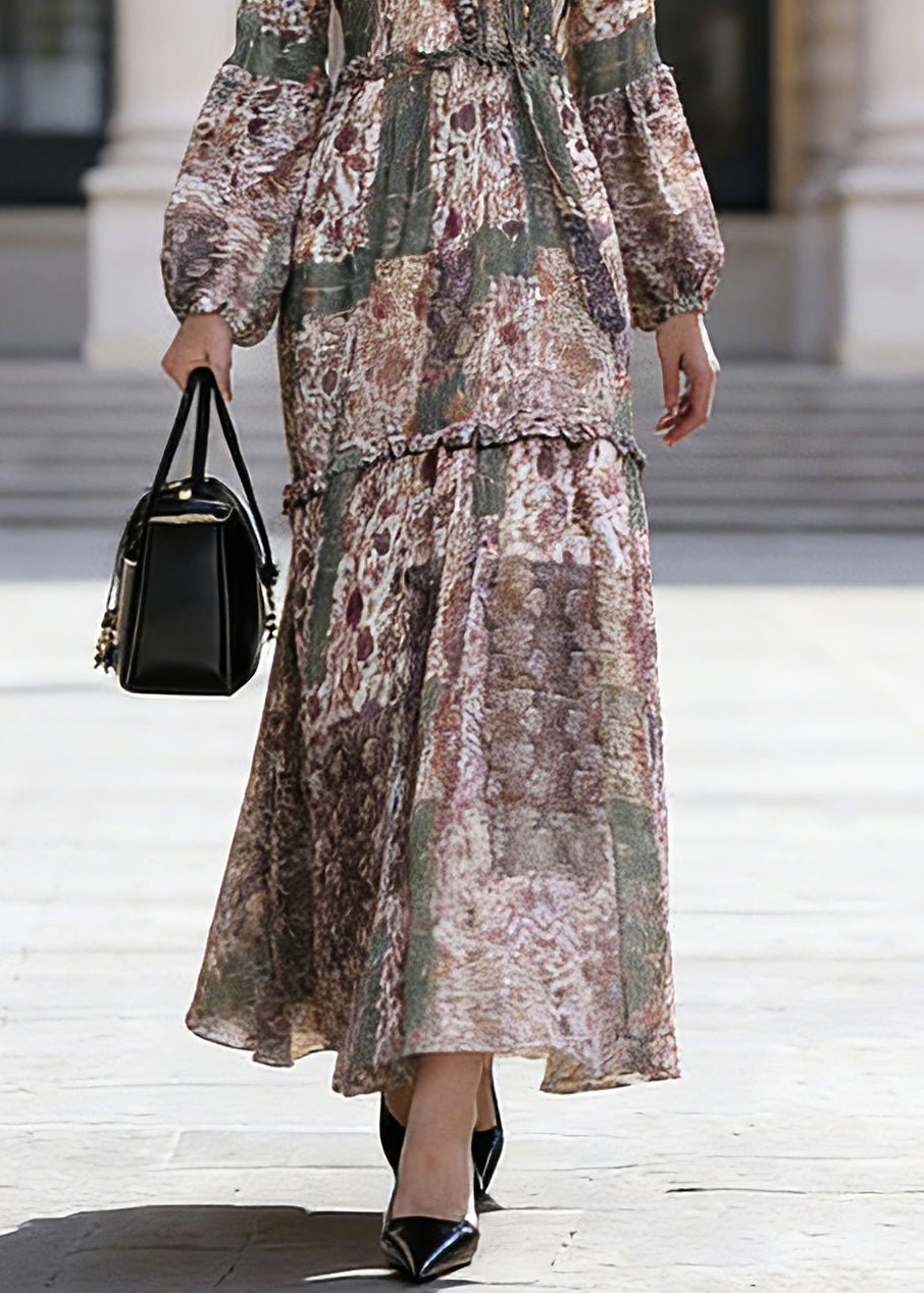 Green Ruffled Patchwork Chiffon Vacation Maxi Dresses Spring