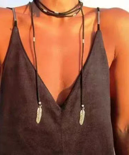 Beach Black Leather Alloy Feather Tassel Necklace