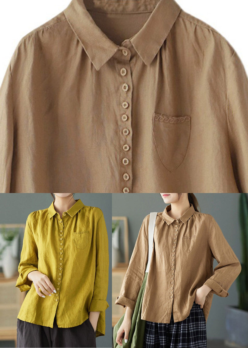 Yellow Peter Pan Collar Embroideried Linen Shirt Long Sleeve