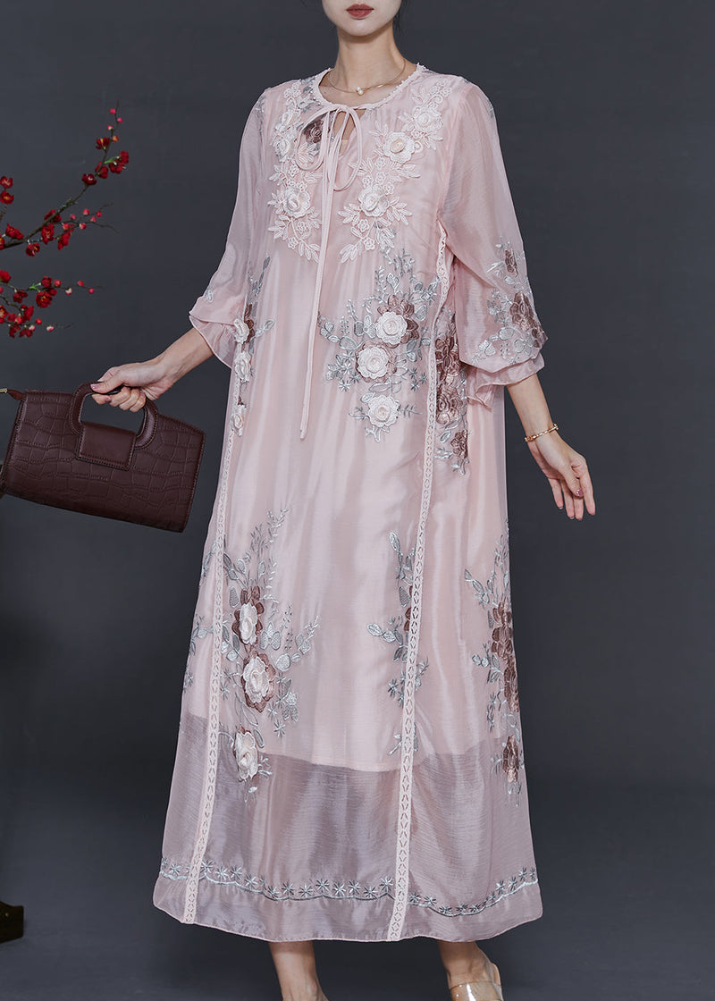 Light Pink Embroidered Silk Holiday Dress Fall