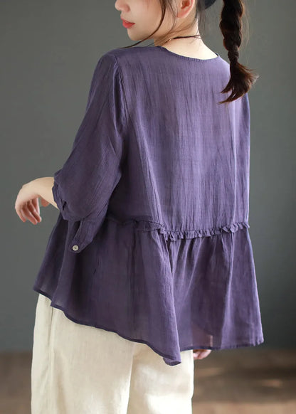 New White V Neck Ruffled Patchwork Linen Shirt Tops Summer