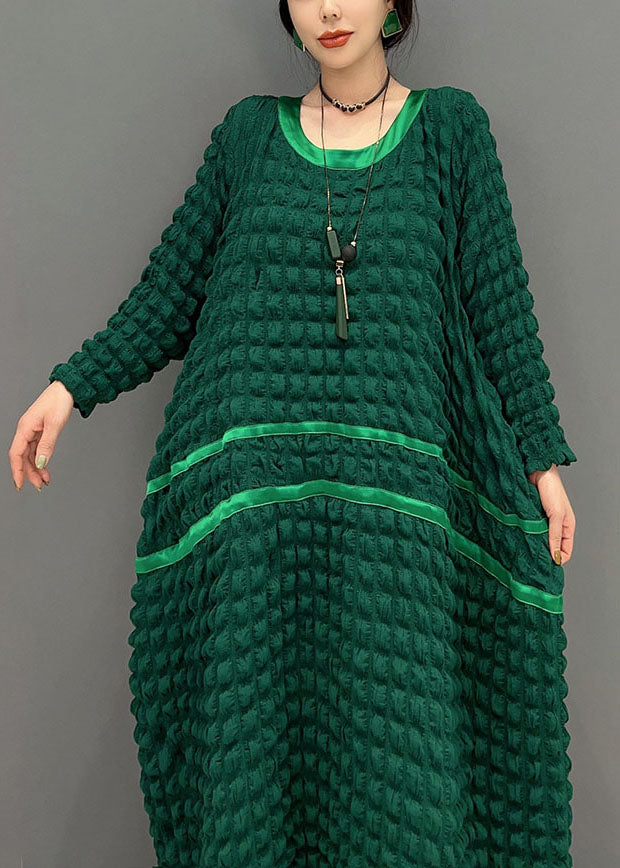 Italian Green O-neck Loose Wrinkled Silk Dresses Spring