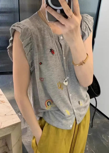 Grey Embroideried Button Down Cotton Vests Sleeveless