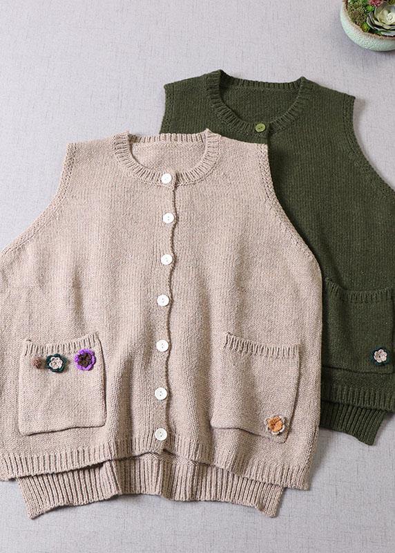Modern Beige Pockets Button Fall Knit Vest