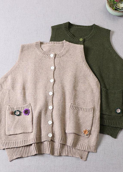 Modern Beige Pockets Button Fall Knit Vest
