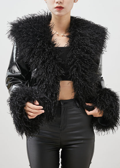 Black Fur Collar Patchwork Faux Leather Coat Winter