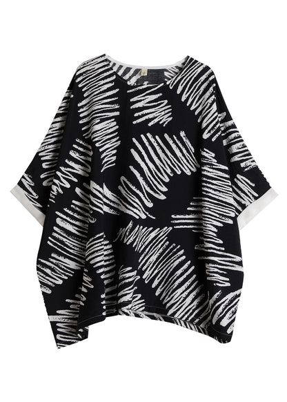 Black O-neck Asymmetrical Print Cotton Shirt Top Summer