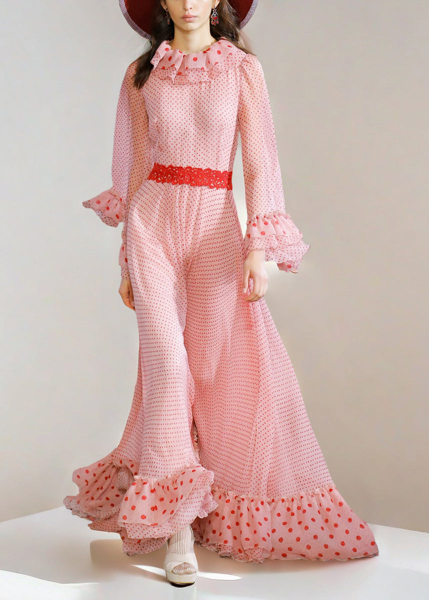 Pink Ruffled Dot Patchwork Chiffon Dresses Spring