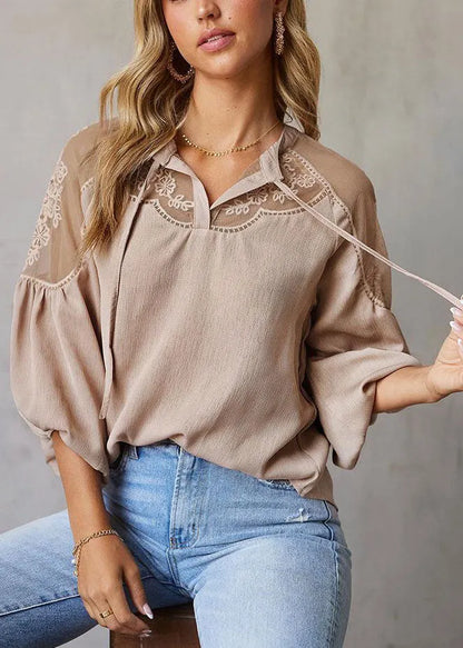 Italian Army Green Tulle Patchwork Chiffon Top Fall