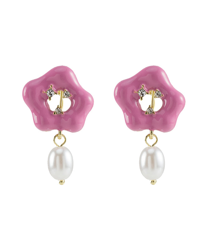 Pink Alloy Pearl Drip Glaze Drop Earrings