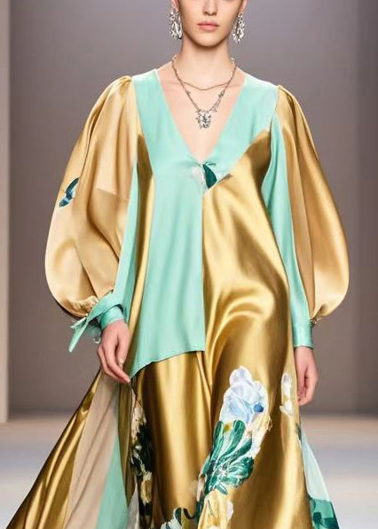 Golden Asymmetrical Patchwork Print Silk Vacation Dress Spring